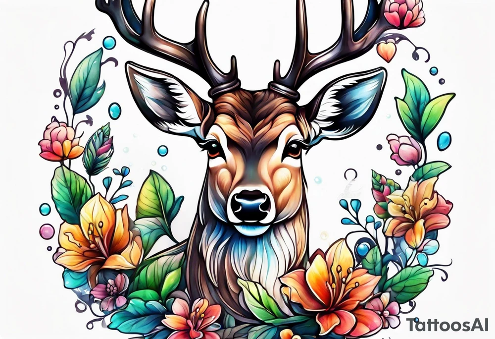 Deer bubbles plants tattoo idea