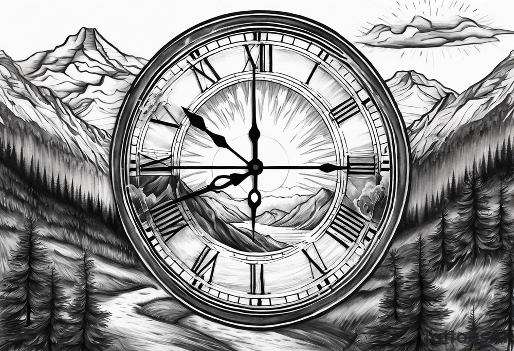 Half sleeve. View from the base of the mountains looking up to the sun. The sun is a clock that reads 12:01 to signify a new day. I want a clock tower in the middle of the mountains with the times my two sons were born. This tattoo represents overcoming massive obstacles and becoming a better person. tattoo idea