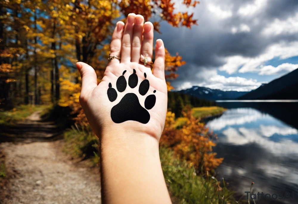 I want a tattoo with a realistic paw print, including lifelike texture and shading, especially on the nails. Inside the paw print, there's a detailed nature scene: mountains, a lake, a stream, and southern oak trees with wide canopies like a traditional southern background. Keep the peeks of the mountains soft. The sun peeks over the mountains, shining and reflecting over the land and water, with realistic shading for depth. Around the paw print, l'd like a splotchy, fading background for a natural, textured look, but without any animals. The overall style should be detailed and realistic, with strong shading and dimension. No color and very realistic in the paw. tattoo idea