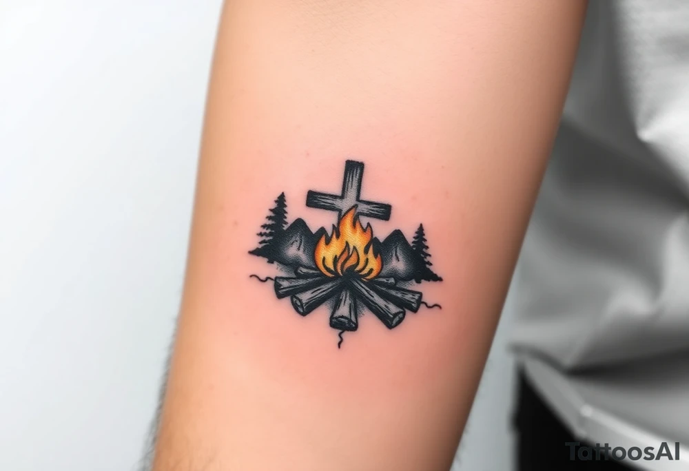 Campfire with cross include the great outdoors and night sky make sure cross doesn't look like it is on fire tattoo idea