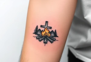 Campfire with cross include the great outdoors and night sky make sure cross doesn't look like it is on fire tattoo idea
