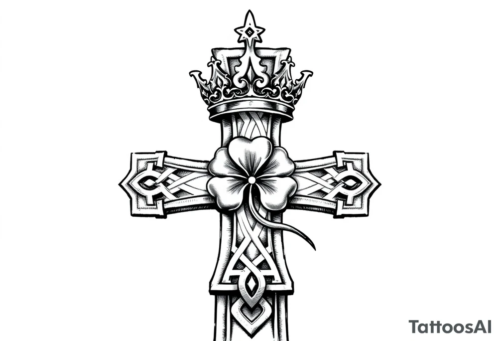 a celtic cross with a crown and a clover tattoo idea