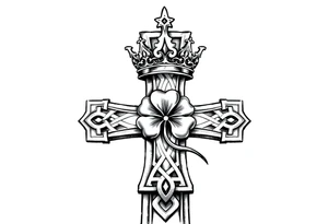 a celtic cross with a crown and a clover tattoo idea