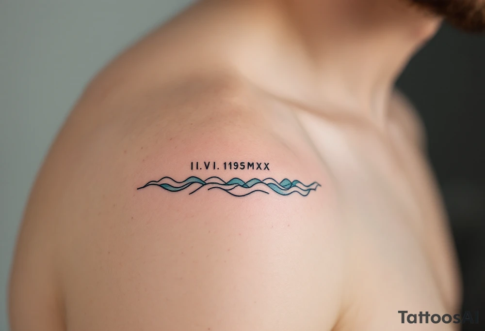 Fine-line II.VI.MMXX in dark ink on the inner bicep, with stylized waves in desaturated teal flowing beneath. tattoo idea