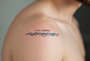 Fine-line II.VI.MMXX in dark ink on the inner bicep, with stylized waves in desaturated teal flowing beneath. tattoo idea