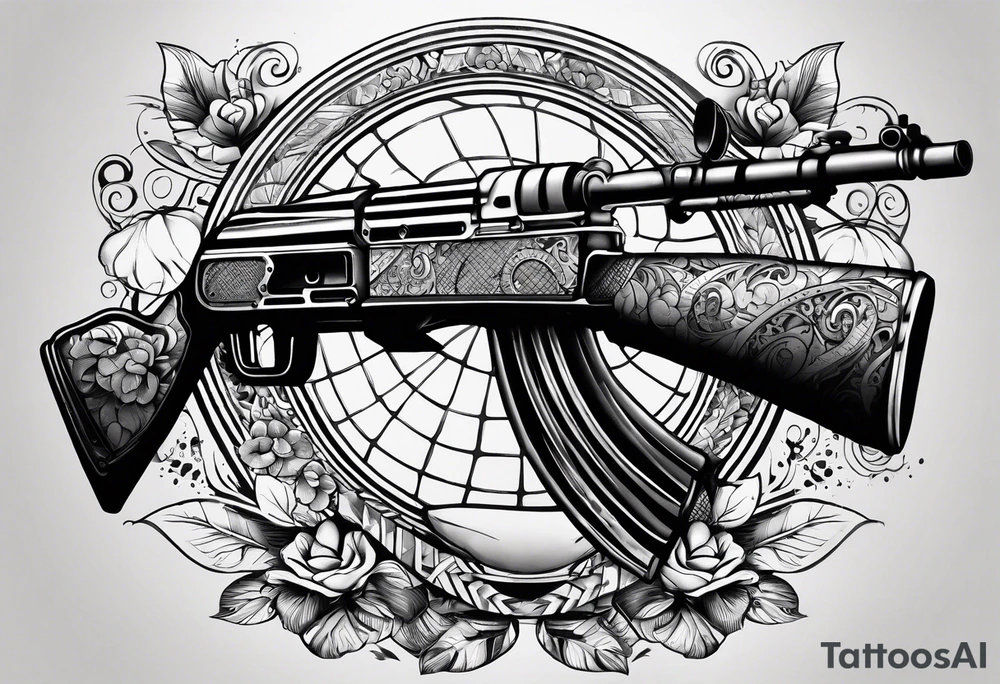 Arm tattoo sleeve with ak-47, tennis racket, fitness, motivational quote, sun, tattoo idea