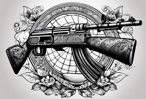 Arm tattoo sleeve with ak-47, tennis racket, fitness, motivational quote, sun, tattoo idea
