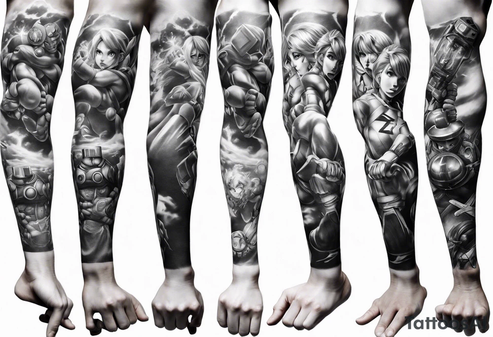 Arm sleeve with Mario, Samus Aran and Link in a realistic anime style tattoo idea