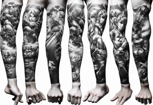 Arm sleeve with Mario, Samus Aran and Link in a realistic anime style tattoo idea