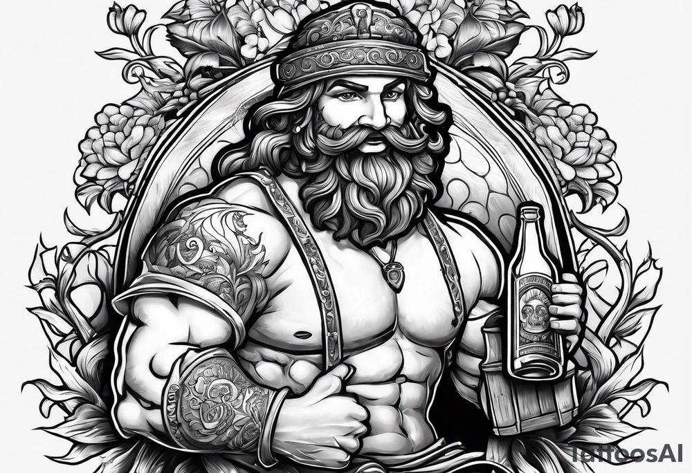 A fun jovial Dionysus riding a beer caske tattoo idea