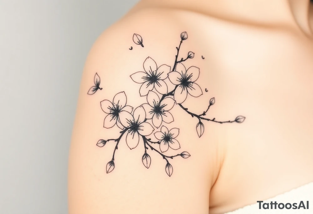 delicate cherry blossoms swirling in spring breeze with petals tattoo idea