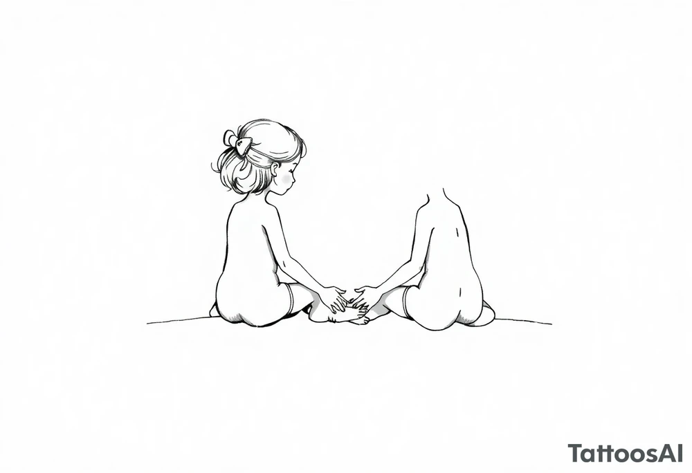Zwei kleine mädchen sitzen sich gegenüber eine hat einen Dutt die andere einen Zopf und sie berühren sich an den Fußsohlen tattoo idea