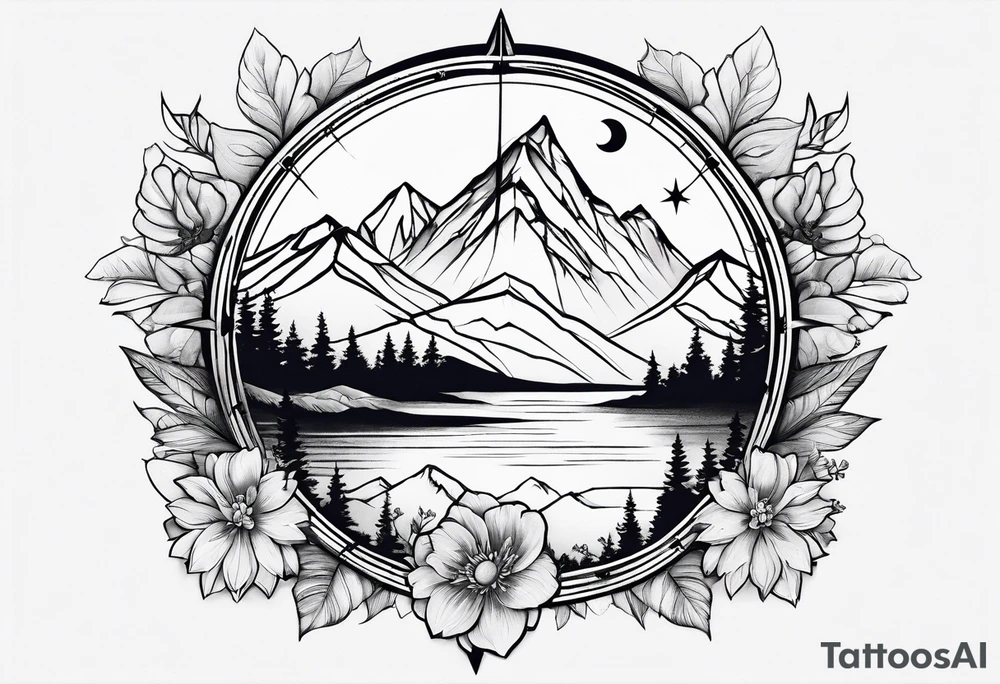 Compass mountains flowers tattoo idea