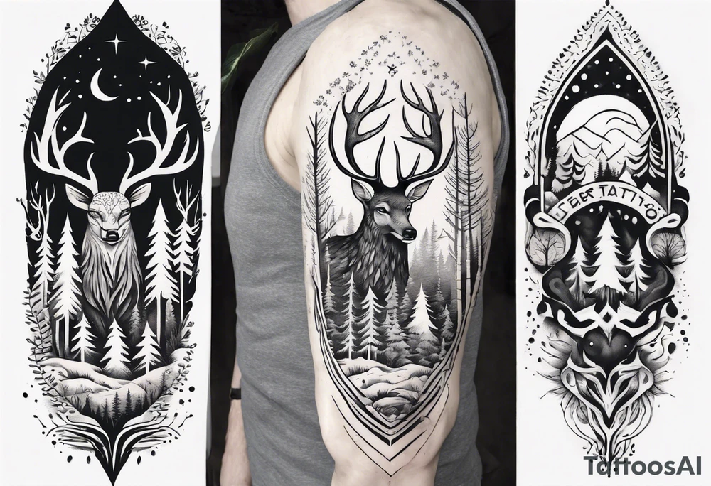 Full arm and sleeve, Nordic, forest,  presence, dear tattoo idea