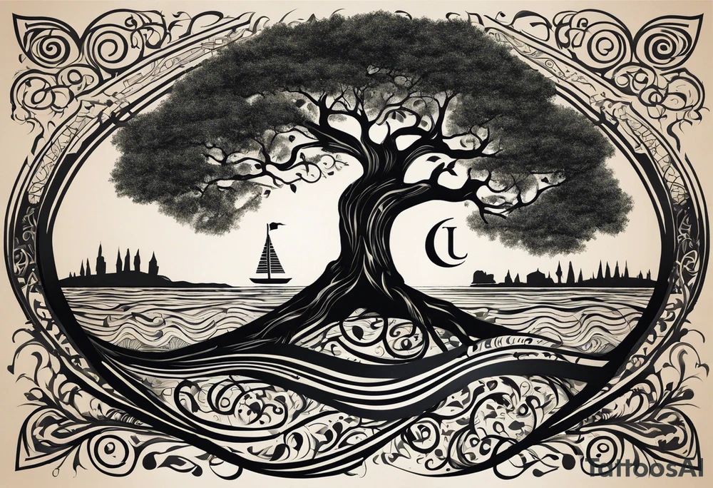 A tattoo design that incorporates the following elements: an abstract tree of life that has roots emerging  from the ground. Waves of water wrap around the tree in a non symmetrical design.  Incorporate musical notes into the tree. the letters U and A are overlapping and engraved into the tree. incorporate a golf ball or golf course symbols like a flag but not prominent. tattoo idea