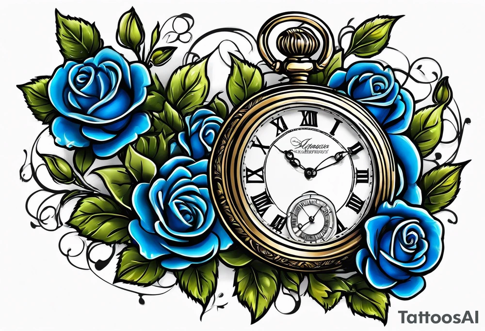 Pocket watch with blue roses tattoo idea