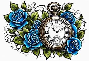 Pocket watch with blue roses tattoo idea