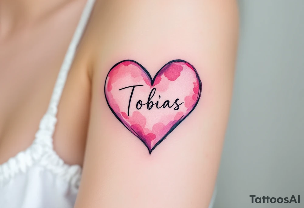 A soft pink heart outlined in black, cradling the name Tobias in cursive. tattoo idea
