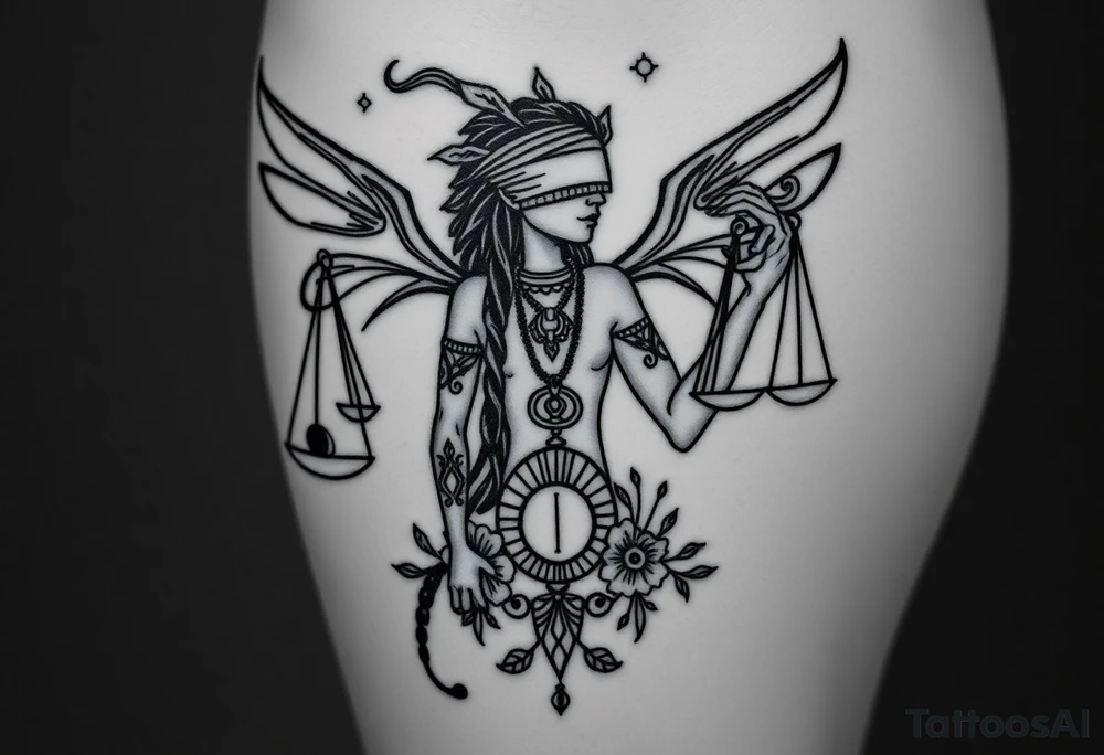 Black Sylph with dreads wearing blind fold and ankh pendant with tattoos holding weighing scales with the sun and moon rose vines surrounding and Anubis guarding tattoo idea