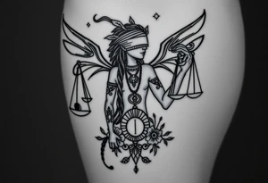 Black Sylph with dreads wearing blind fold and ankh pendant with tattoos holding weighing scales with the sun and moon rose vines surrounding and Anubis guarding tattoo idea