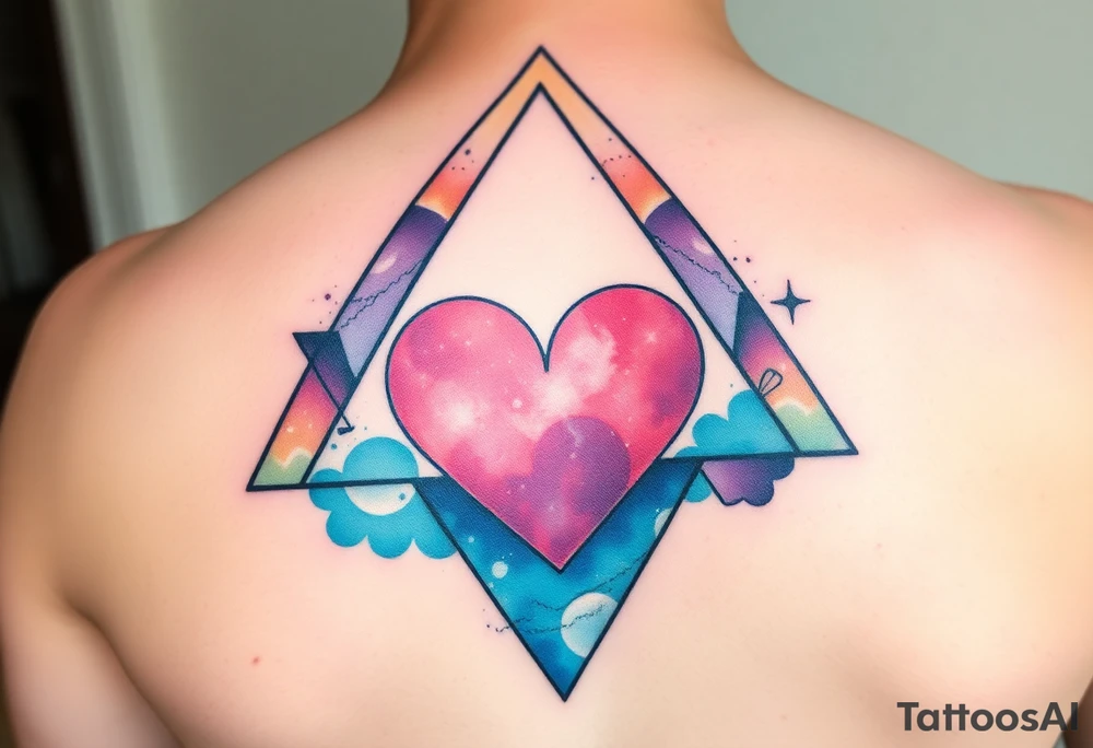 A triangle with a big heart in the center and  
galaxy inside the triangle tattoo idea