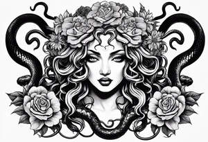 Medusa head with snakes and flowers in medusa's hair. One of the snakes eating a heart. tattoo idea
