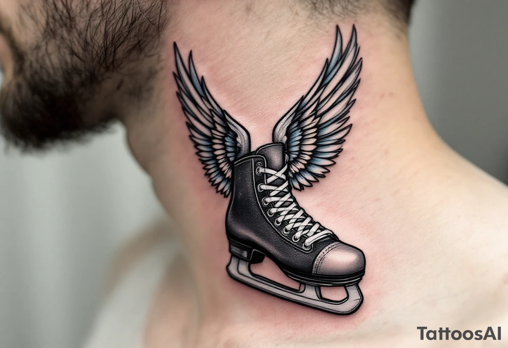 Hockey Skate with Wings – Black and silver skate with white laces, sprouting feathered angel wings in soft gray and light blue ink. tattoo idea