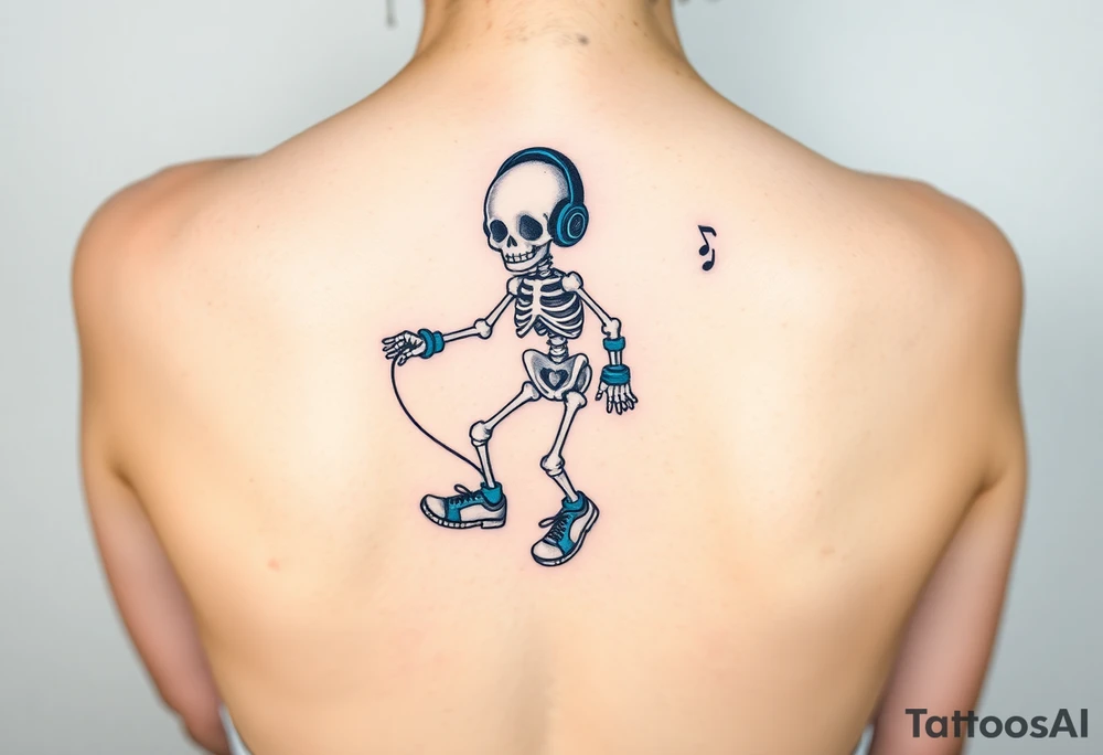 Cute skeleton jumping on a jump rope with blue headphone and blue tennis shoes and blue armbands with music notes tattoo idea
