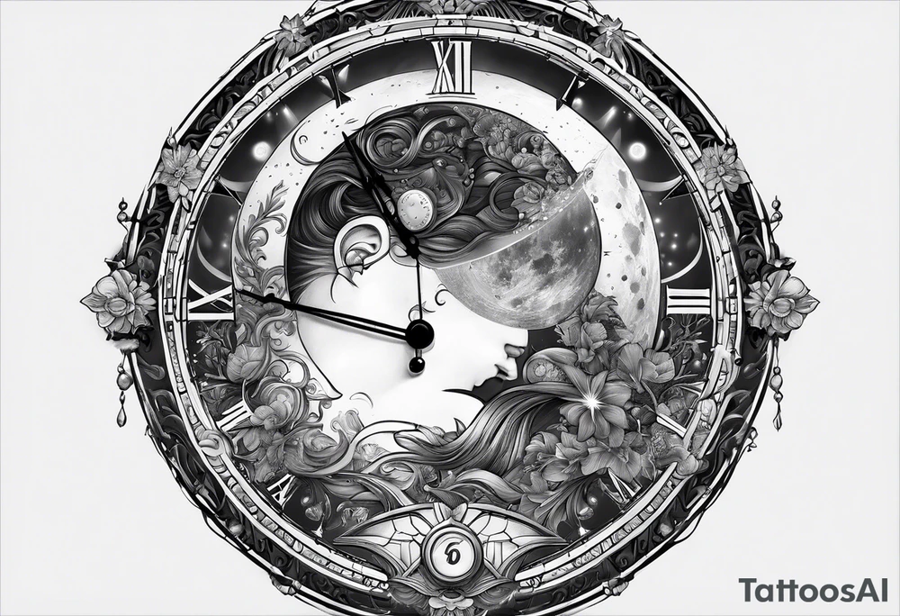 Janus, timeless clock, Aquarius, moon tattoo idea