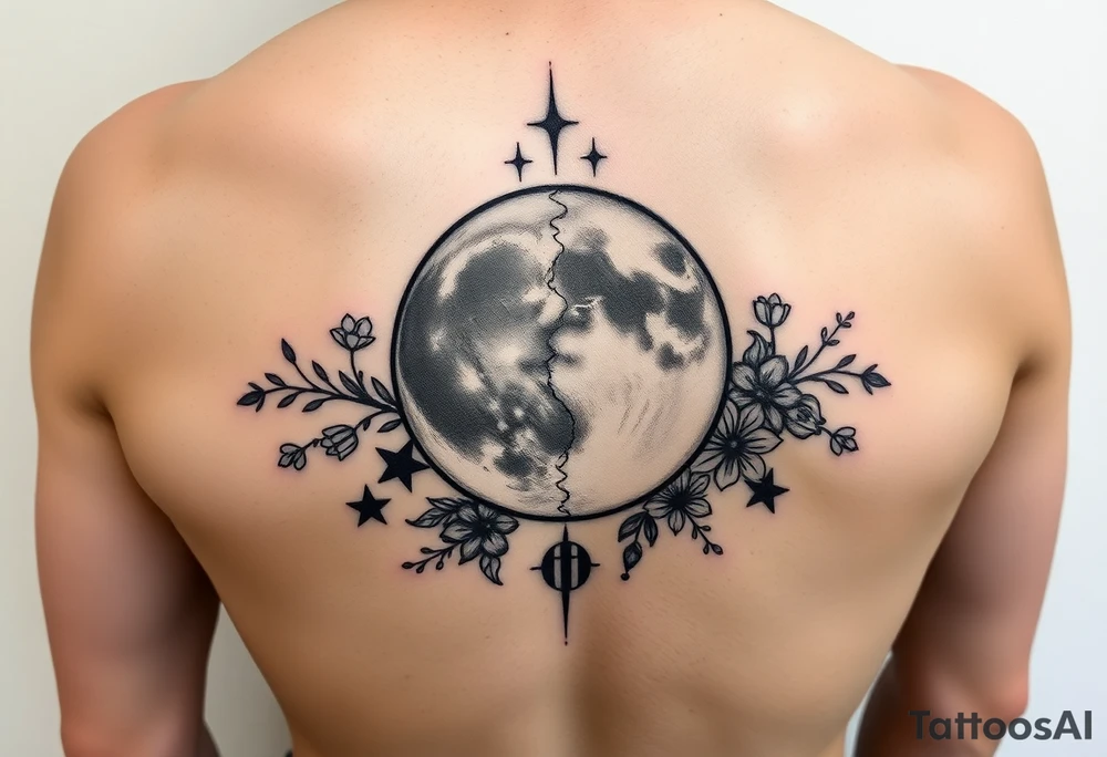 Phases of the moon down the spine details on the moon. With vines and stars and flowers along the sides down beside the phases of the moon tattoo idea