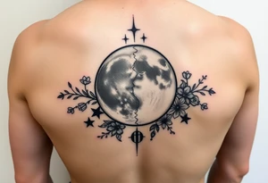 Phases of the moon down the spine details on the moon. With vines and stars and flowers along the sides down beside the phases of the moon tattoo idea