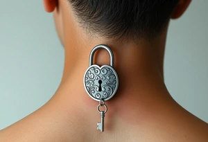 An open silver lock with swirling floral engravings, with a matching silver key hanging from a delicate chain tattoo idea