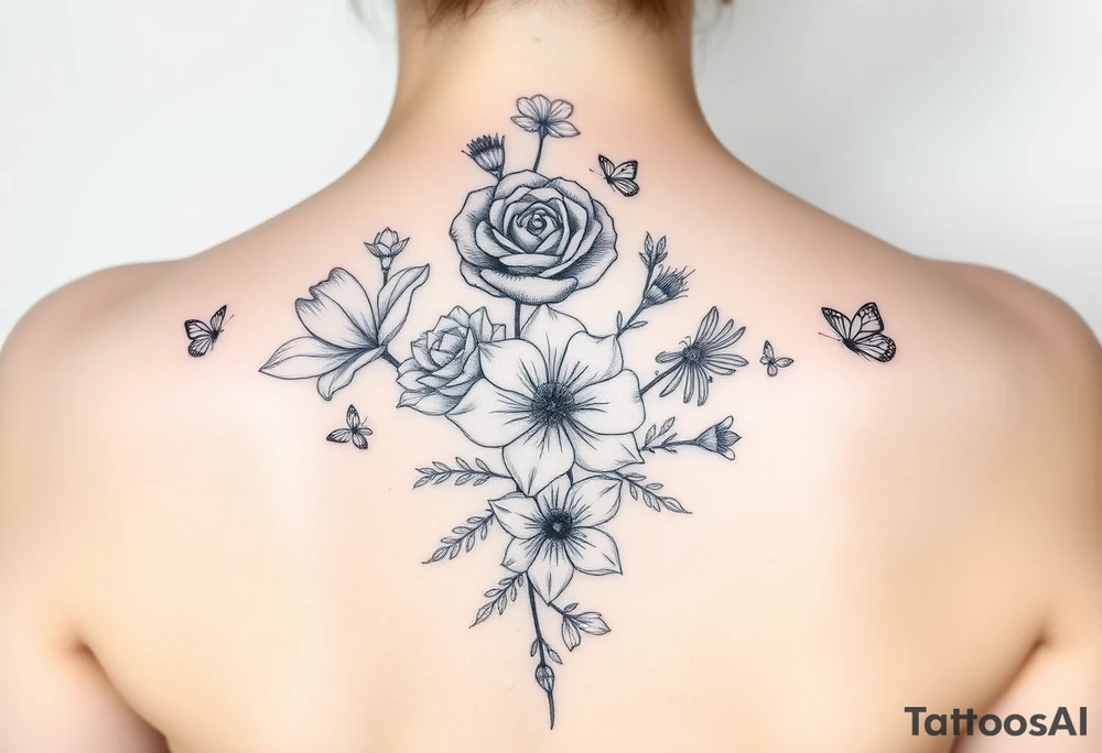 In a vertical line water lily, rose, violet and narcissus. Surrounded by small delicate butterflies tattoo idea