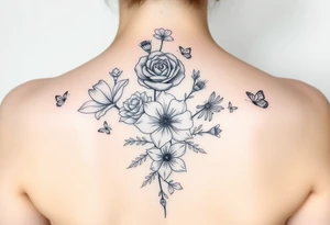 In a vertical line water lily, rose, violet and narcissus. Surrounded by small delicate butterflies tattoo idea