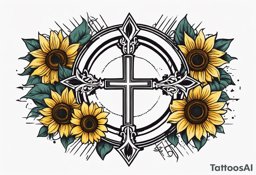 A central cross with the names Kyle Peter Lori on it with lighting a motorcycle and a sunflower around it tattoo idea