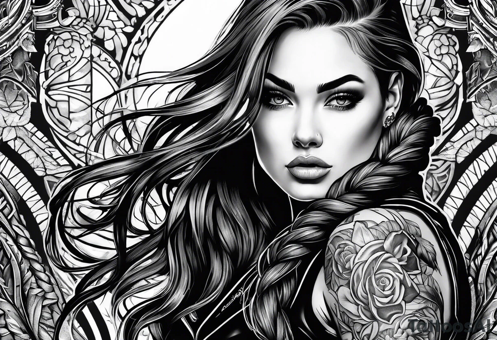 Bikergirl with dutch braids tattoo idea