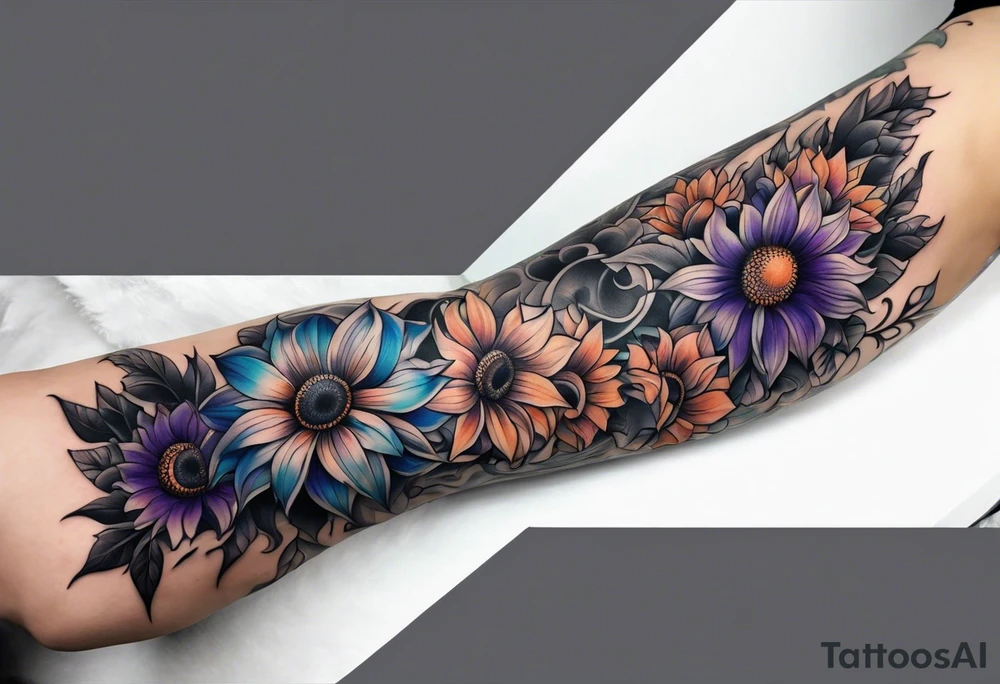 Full leg sleeve with purple, orange and blue sunflowers tattoo idea