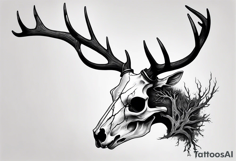 A side view of a decayed deer skull with no skin JUST BONE FOREST FIRE tattoo idea