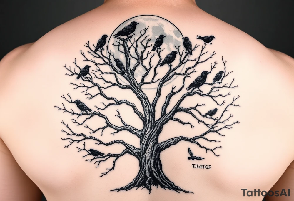 A very realistic, large tree of life that is bare with lots of crows above it a moon that’s behind that covers my whole back and two Viking hatches that would go across my shoulder blades. This is a backpiece. tattoo idea