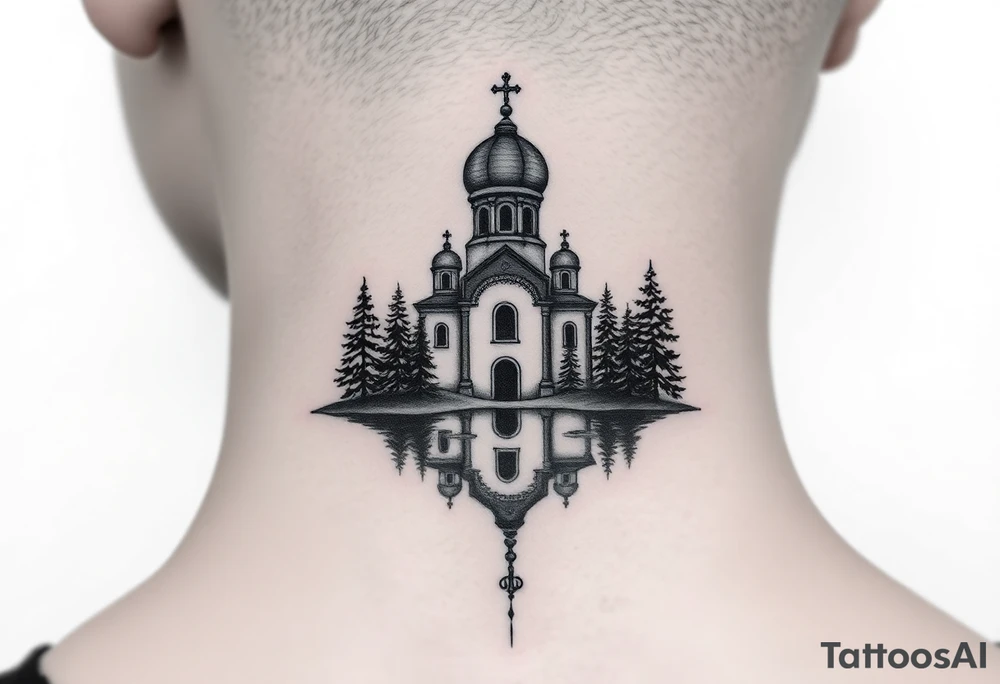 medium sized russian orthodox dome church with a separated virgin mary with a lake and pine trees on the sized of my neck tattoo idea