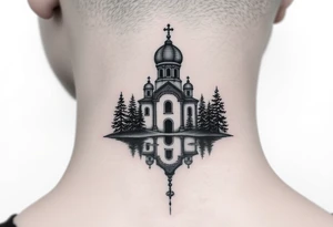 medium sized russian orthodox dome church with a separated virgin mary with a lake and pine trees on the sized of my neck tattoo idea