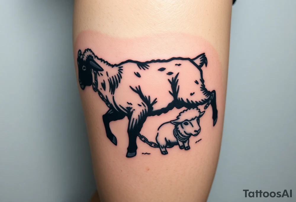 Black sheep with muscles breaking out of chains 
Calf tattoos walking over white sheep tattoo idea
