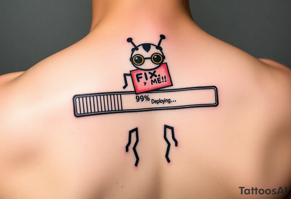 "Funny tattoo of a loading bar stuck at 99% with the text 'Deploying...'"

"Tattoo of a cute robot with the text 'Hello, World!'"

"Tattoo of a bug with a red 'FIX ME' sticky note on it"

"Tattoo of coffee cup with 'while (!asleep) { code(); }'"

"Tattoo of a 404 Error: Tattoo Not Found" tattoo idea