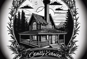 cabin chimney cannabis says "Hutting Est. 2004" friends sunset tattoo idea