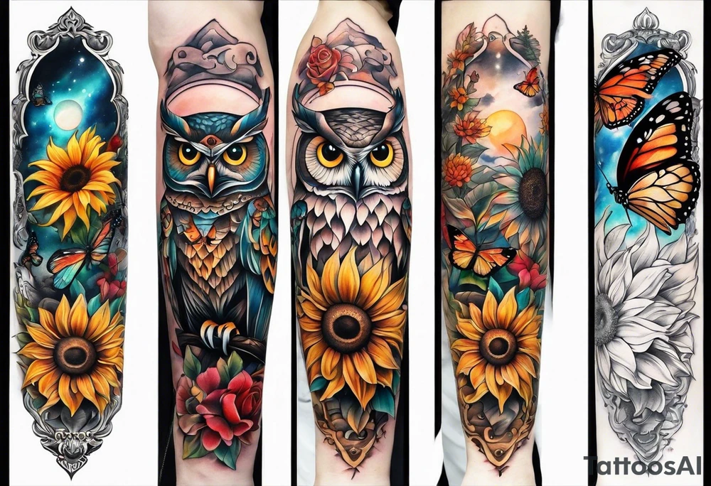Owl, butterfly and sunflower are sleeve tattoo idea