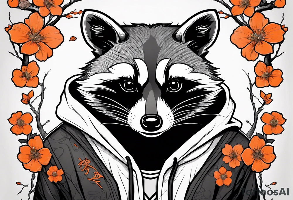 Raccoon wearing a white Superman logo on a black hoodie and orange Japanese cherry blossoms tattoo idea
