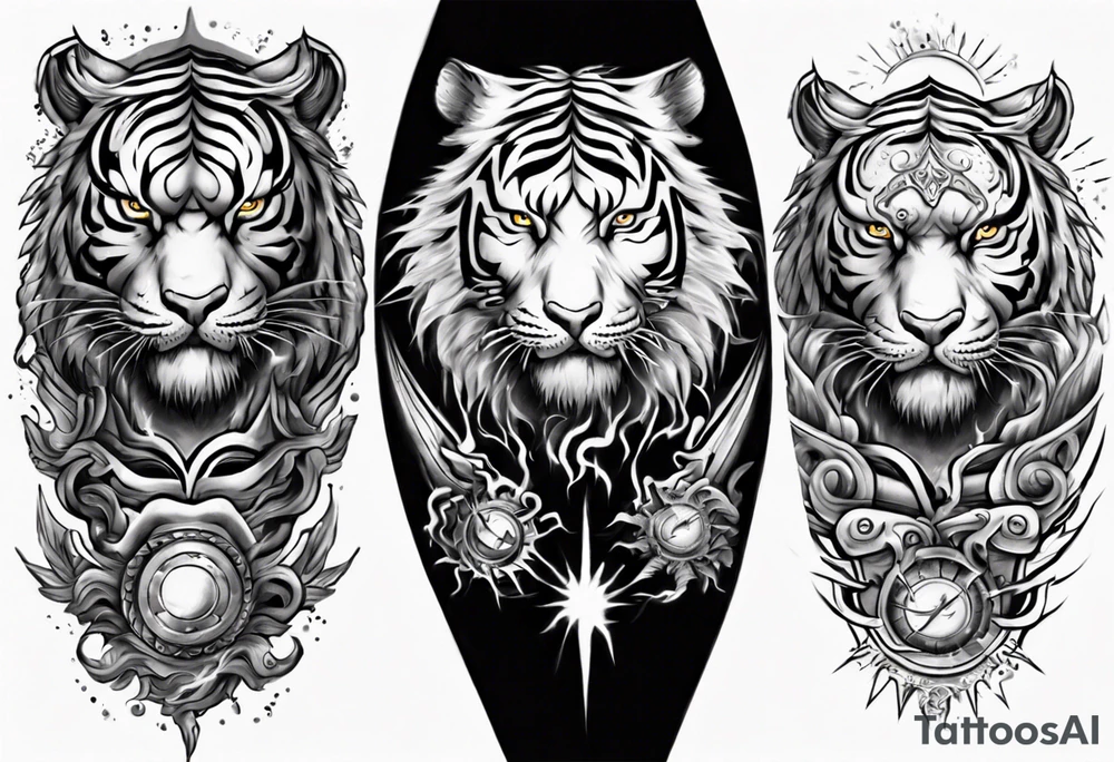 Tiger Warrior sleeve tattoo with lightning and the sun
Forearm sleeve tattoo idea