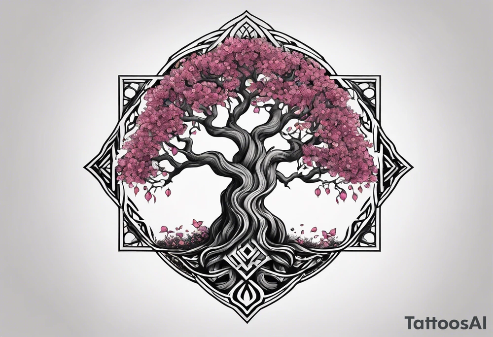 Tattoo dans le dos, yggdrasil et quelques éléments en plus, 5 ou 6 feuilles de cerisier en couleur, le logo de tommorowland vers les racines, une forme géométrique à l'arrière plan du tatouage tattoo idea