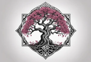 Tattoo dans le dos, yggdrasil et quelques éléments en plus, 5 ou 6 feuilles de cerisier en couleur, le logo de tommorowland vers les racines, une forme géométrique à l'arrière plan du tatouage tattoo idea