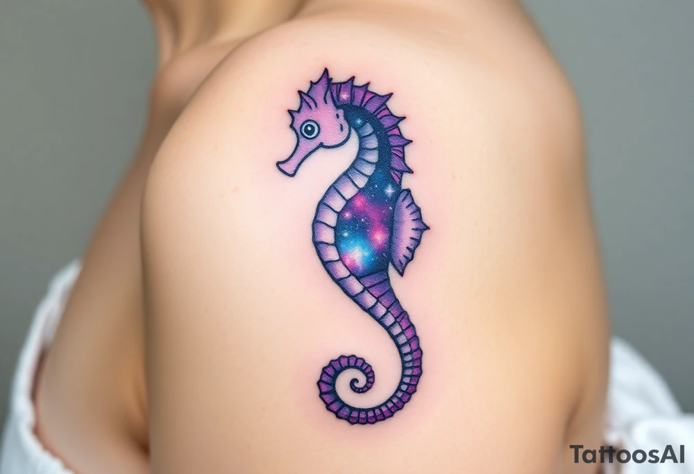 A cosmic seahorse with a galaxy swirling within its translucent body, in deep violets, blues, and silver. tattoo idea
